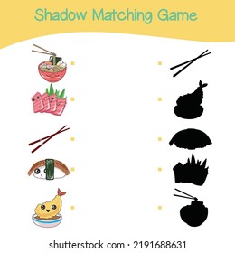 Find the correct shadow. Kids educational game. Funny Japanese food. Kawaii cute sushi collections with smiling face and pink cheeks. Vector illustration.