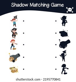 Find the correct shadow. Kids educational game. Cute adorable pirate items. Vector illustration.