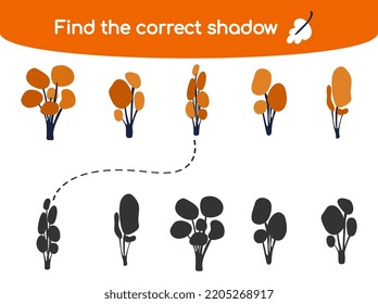 Find the correct shadow. Kids educational game. Cute autumn trees of different shapes. Vector illustration in flat cartoon style for childrens books and magazines
