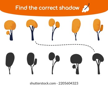 Find the correct shadow. Kids educational game Cute simple autumn trees with watercolor texture Vector illustration in flat cartoon style for childrens books and magazines