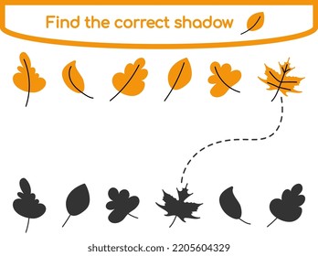 Finden Sie den richtigen Schatten. Kindererziehungsspiel. Rute einfache Herbstblätter in verschiedenen Formen. Vektorgrafik im flachen Cartoon-Stil für Kinderbücher und -zeitschriften