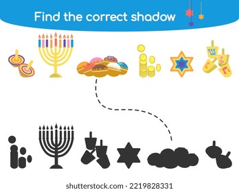 Find the correct shadow. Kids educational game. Hanukkah traditional symbols Menorah, star of David, dreidel, sufganiyah, coins Vector illustration for childrens books and magazines