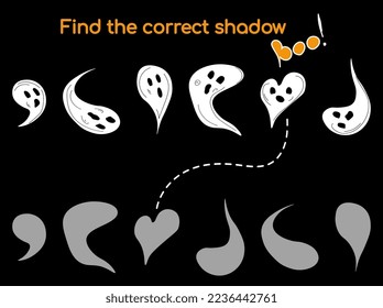 Finden Sie den richtigen Schatten. Kindererziehungsspiel. Reine Halloween-Geister verschiedener Formen einzeln auf schwarzem Hintergrund. Vektorgrafik im flachen Cartoon-Stil für Kinderbücher und -zeitschriften