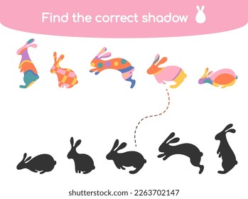 Find the correct shadow. Kids educational game. Funny Easter bunny rabbits of different poses and colors. Vector illustration for children books and magazines