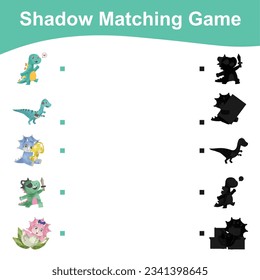 Find the correct shadow. Kids educational game. Cute dinosaurs theme. Vector illustration.