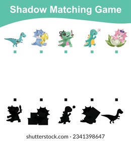 Find the correct shadow. Kids educational game. Cute dinosaurs theme. Vector illustration.