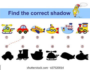 Find Correct Shadow. Kids Educational Game. Cartoon Transport. Car, Submarine, Ship, Plane, Train, Helicopter