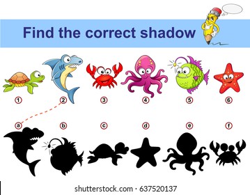 
Find correct shadow. Kids educational game. Sea animals. Turtle, shark, crab, octopus, monkfish, starfish
