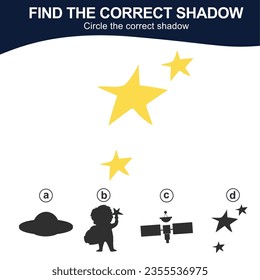 Find the correct shadow kids exploring the space. Match the image with the shadow. Worksheet for kid. Educational printable worksheet. Simple gaming level for preschool kids. Vector illustration.