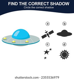 Find the correct shadow kids exploring the space. Match the image with the shadow. Worksheet for kid. Educational printable worksheet. Simple gaming level for preschool kids. Vector illustration.