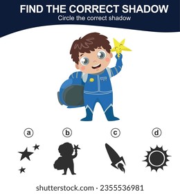 Find the correct shadow kids exploring the space. Match the image with the shadow. Worksheet for kid. Educational printable worksheet. Simple gaming level for preschool kids. Vector illustration.