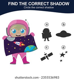 Find the correct shadow kids exploring the space. Match the image with the shadow. Worksheet for kid. Educational printable worksheet. Simple gaming level for preschool kids. Vector illustration.