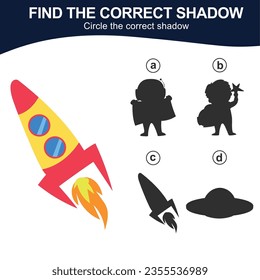 Find the correct shadow kids exploring the space. Match the image with the shadow. Worksheet for kid. Educational printable worksheet. Simple gaming level for preschool kids. Vector illustration.