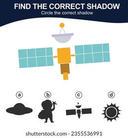 Find the correct shadow kids exploring the space. Match the image with the shadow. Worksheet for kid. Educational printable worksheet. Simple gaming level for preschool kids. Vector illustration.