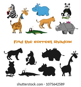 Find the correct shadow. Kids game. Zoo animals in cartoon style. Puzzle with black silhouette. Vector illustration