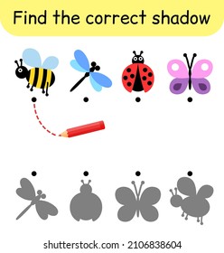 Encuentra la sombra correcta. Juego de niños. Juego educativo para niños. Tema del insecto. Ilustración del vector