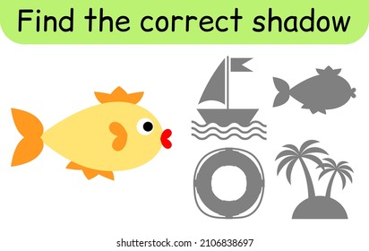Encuentra la sombra correcta. Juego de niños. Juego educativo para niños. Tema marino. Ilustración del vector