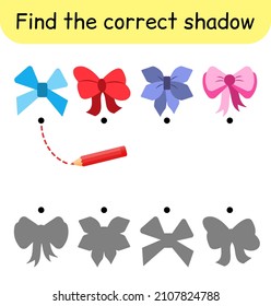Find the correct shadow. Kids game. Educational matching game for children. Bow theme. Vector illustration