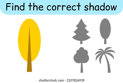 Find the correct shadow. Kids game. Educational matching game for children. Tree theme. Vector illustration