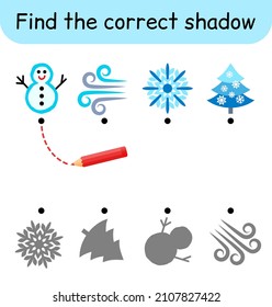 Find the correct shadow. Kids game. Educational matching game for children. Winter theme. Vector illustration