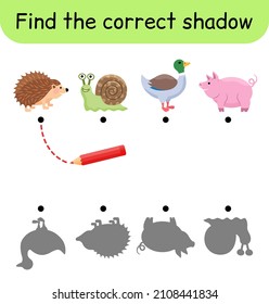 Find the correct shadow. Kids game. Educational matching game for children. Animal theme. Vector illustration