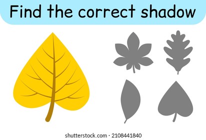 Find the correct shadow. Kids game. Educational matching game for children. Leaves theme. Vector illustration