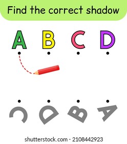 Finden Sie den richtigen Schatten. Kinderspiel. Erziehungsspiel für Kinder. Alphabet-Thema. Vektorgrafik