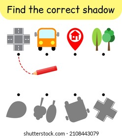 Encuentra la sombra correcta. Juego de niños. Juego educativo para niños. Tema del camino. Ilustración del vector