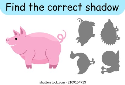 Finden Sie den richtigen Schatten. Kinderspiel. Erziehungsspiel für Kinder. Tierthema. Vektorgrafik