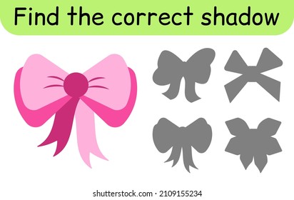 Find the correct shadow. Kids game. Educational matching game for children. Bow theme. Vector illustration