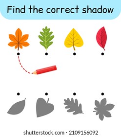 Finden Sie den richtigen Schatten. Kinderspiel. Erziehungsspiel für Kinder. Bleibt das Thema. Vektorgrafik