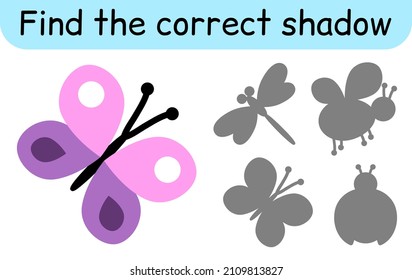 Find the correct shadow. Kids game. Educational matching game for children. Insect theme. Vector illustration
