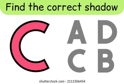 Find the correct shadow. Kids game. Educational matching game for children. Alphabet theme. Vector illustration
