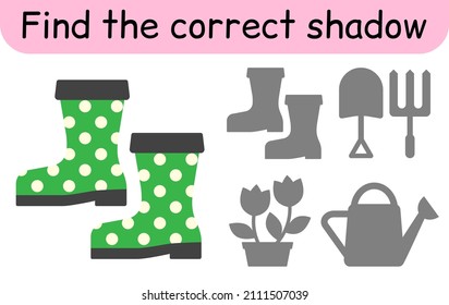 Find the correct shadow. Kids game. Educational matching game for children. Garden theme. Vector illustration