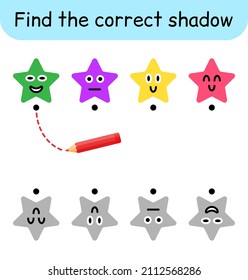 Find the correct shadow. Kids game. Educational matching game for children. Star theme. Vector illustration