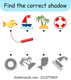 Find the correct shadow. Kids game. Educational matching game for children. Sea theme. Vector illustration