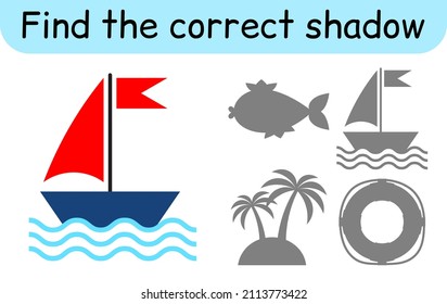 Find the correct shadow. Kids game. Educational matching game for children. Sea theme. Vector illustration