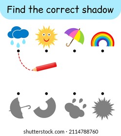 Find the correct shadow. Kids game. Educational matching game for children. Weather theme. Vector illustration