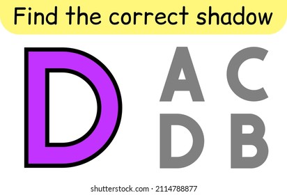 Find the correct shadow. Kids game. Educational matching game for children. Alphabet theme. Vector illustration