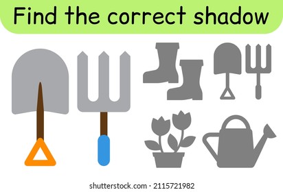 Find the correct shadow. Kids game. Educational matching game for children. Garden theme. Vector illustration