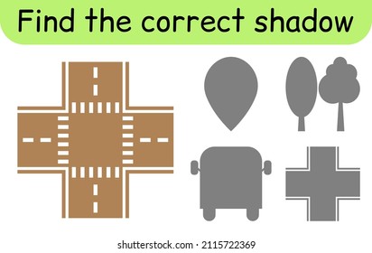 Find the correct shadow. Kids game. Educational matching game for children. Road theme. Vector illustration