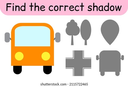 Find the correct shadow. Kids game. Educational matching game for children. Road theme. Vector illustration