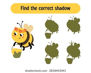 Find the correct shadow kids game with cute cartoon bee carrying a honey bucket. Educational matching worksheet for preschool children.