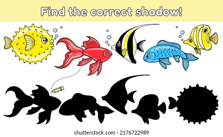 Encuentra la sombra correcta. Niños aprendiendo colección de juegos. Caricatura de peces marinos. Ilustración vectorial.