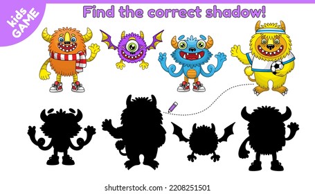 Find the correct shadow. Kids learning games collection. Cartoon monsters. Vector illustration in childish style.