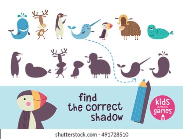 Find the correct shadow. Kids learning games collection. Arctic animals. 