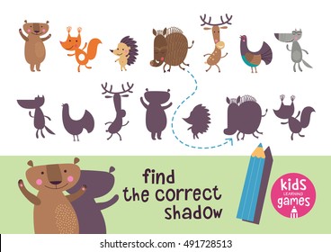 Find the correct shadow. Kids learning games collection. Forest animals.