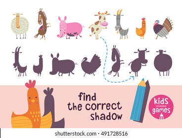 Find the correct shadow. Kids learning games collection. Farm animals.