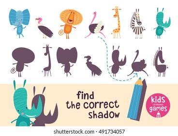 Find the correct shadow. Kids learning games collection. African animals.