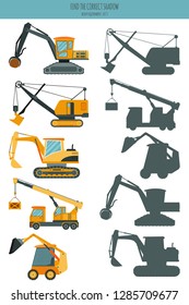 Find the correct shadow. Knuckleboom loader, mobile crane,  excavator, power shovel, forklift. Learning children game.
